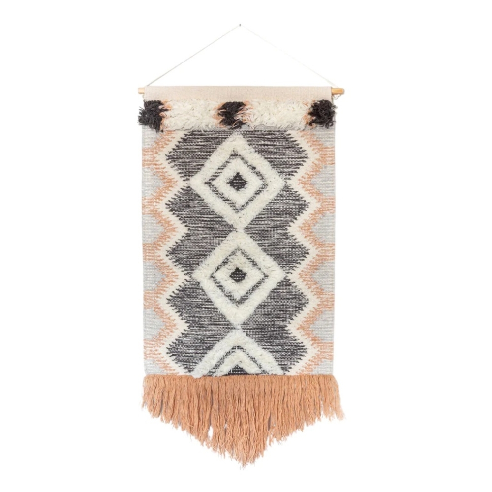 Bohemian black, gray, and cream wall art hanging decor light pink fringe.